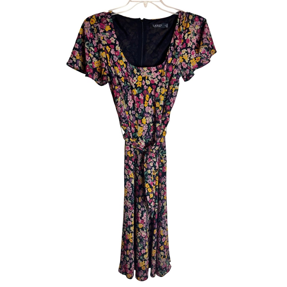 Lauren Ralph Lauren Black Label Floral Midi Dress Flutter Sleeve Size 6